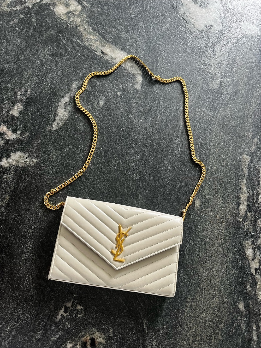 YSL Cassandre Chain Wallet Lambskin White
